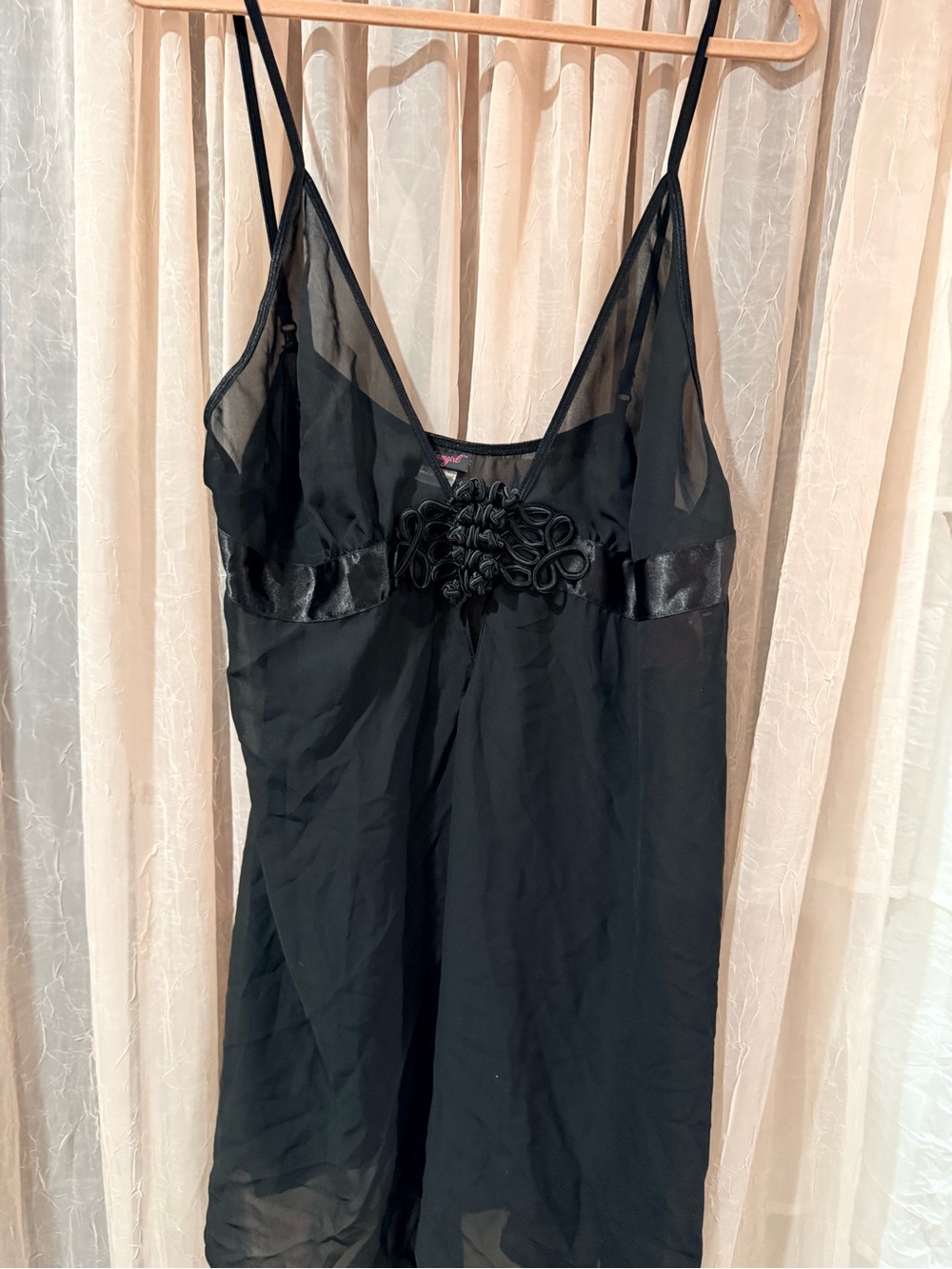 NWT Dreamgirl Black Sheer Chemise with Satin Band & Floral Appliqué